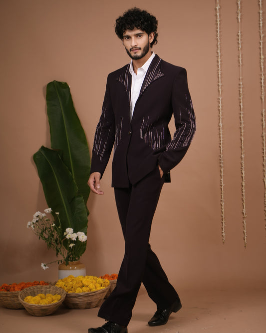 Dark Purple Coat And Pant Set (Set of 3)