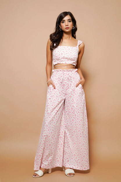 White and pink block printed cotton co-ord