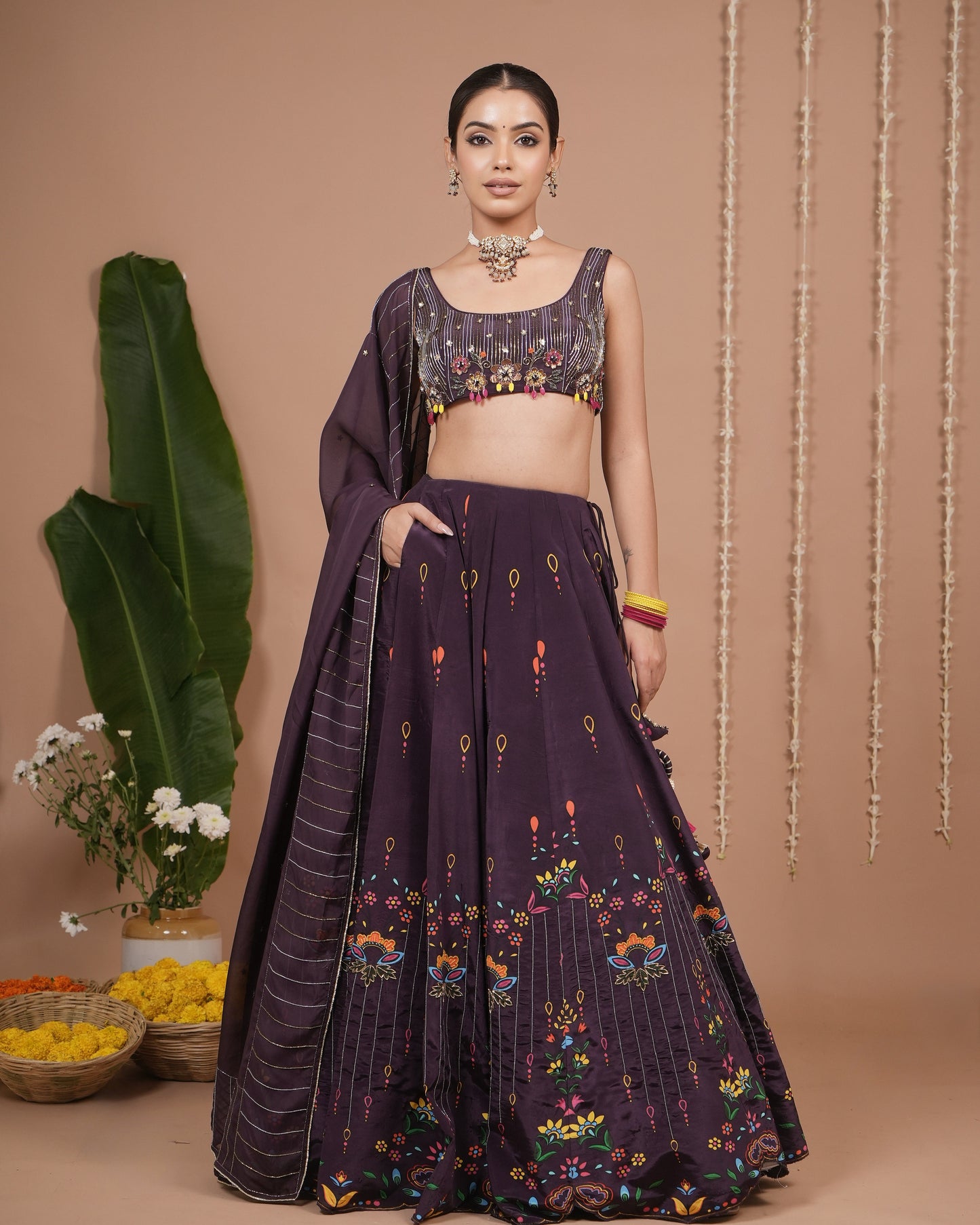 Dark Purple Printed Heavy Lehenga Set (Set of 3)