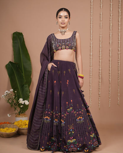 Dark Purple Printed Heavy Lehenga Set (Set of 3)