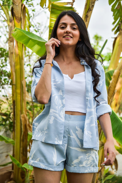 Miyu Shorts - High-Waisted Blue Chrysanthemum Print Shorts