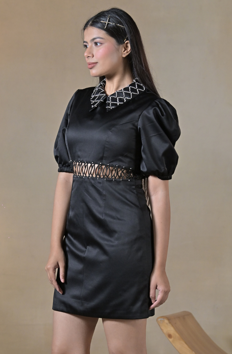 Black Embroidered Mini Dress