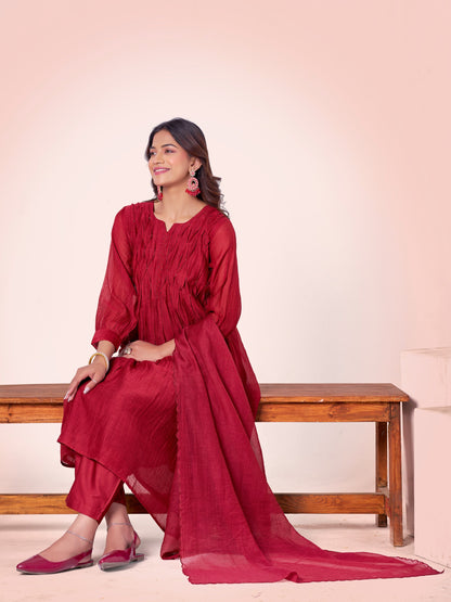 Garnet Red Pure Silk Mul 3-Piece Kurti Set