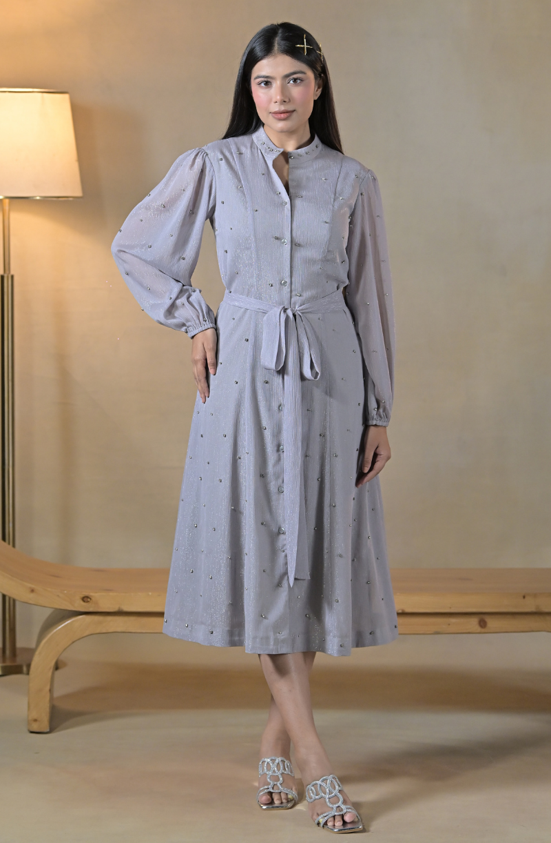 Grey Embroidered Midi Dress