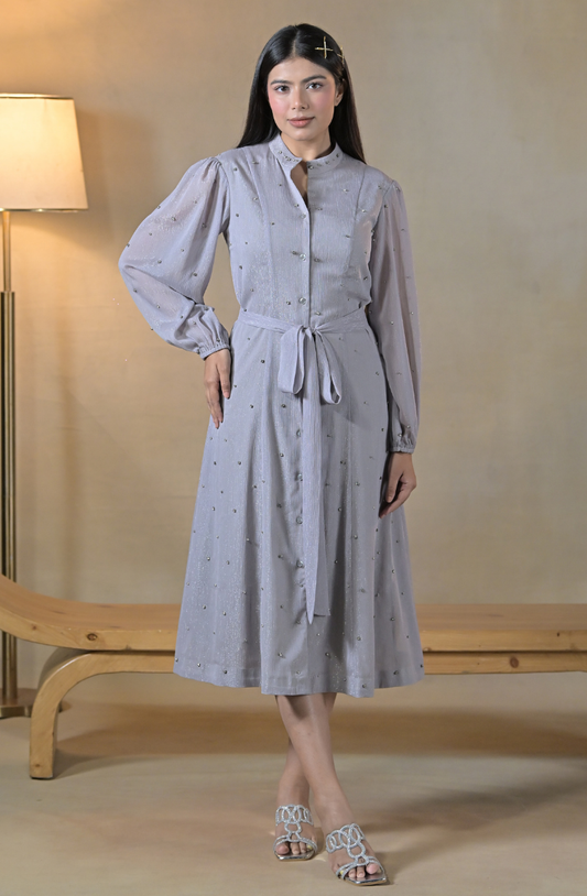 Grey Embroidered Midi Dress