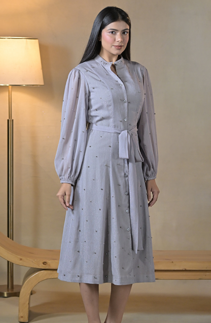 Grey Embroidered Midi Dress