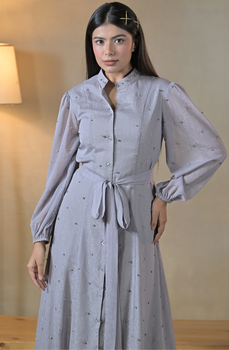 Grey Embroidered Midi Dress