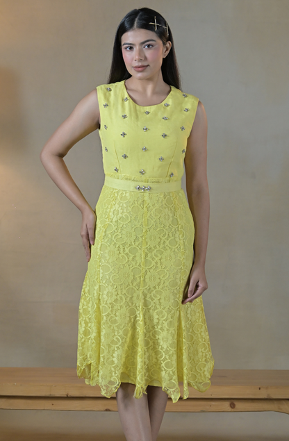Yellow Embroidered Asymmetrical Dress
