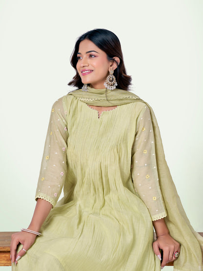 Pista Green Pure Silk Mul Chanderi Set