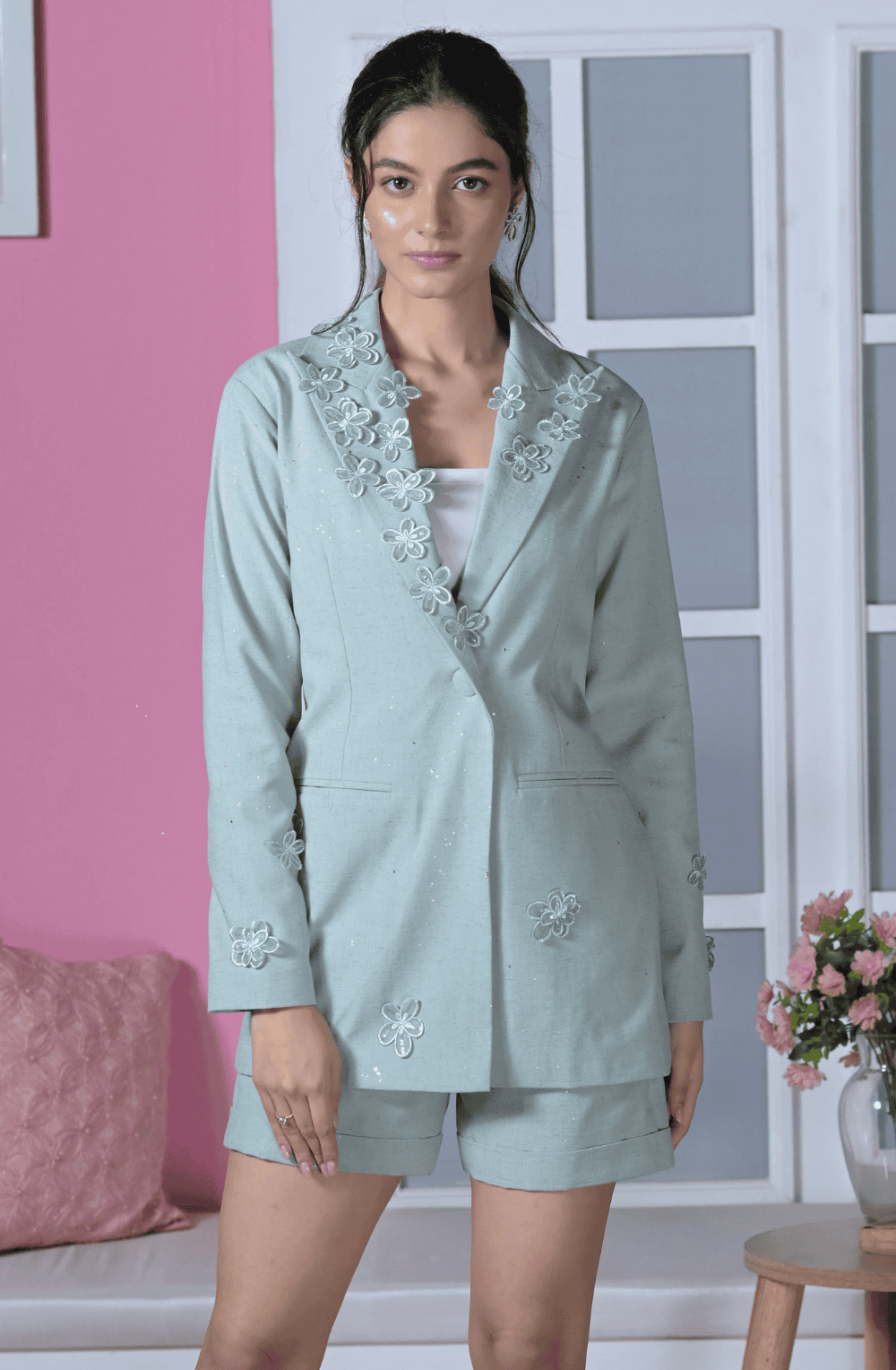 Baby Blue Linen Shorts Set