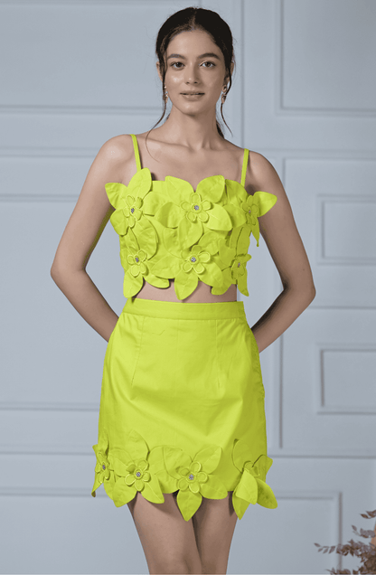 Neon Green Flower Skirt Set