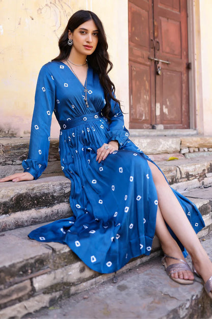 Zoom Bandhani Modal Satin Maxi Dress