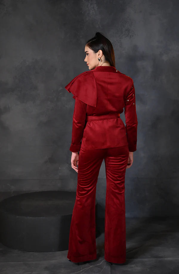 Red Velvet Embroidered Blazer Pant Set