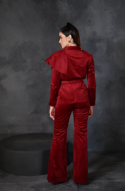 Red Velvet Embroidered Blazer Pant Set