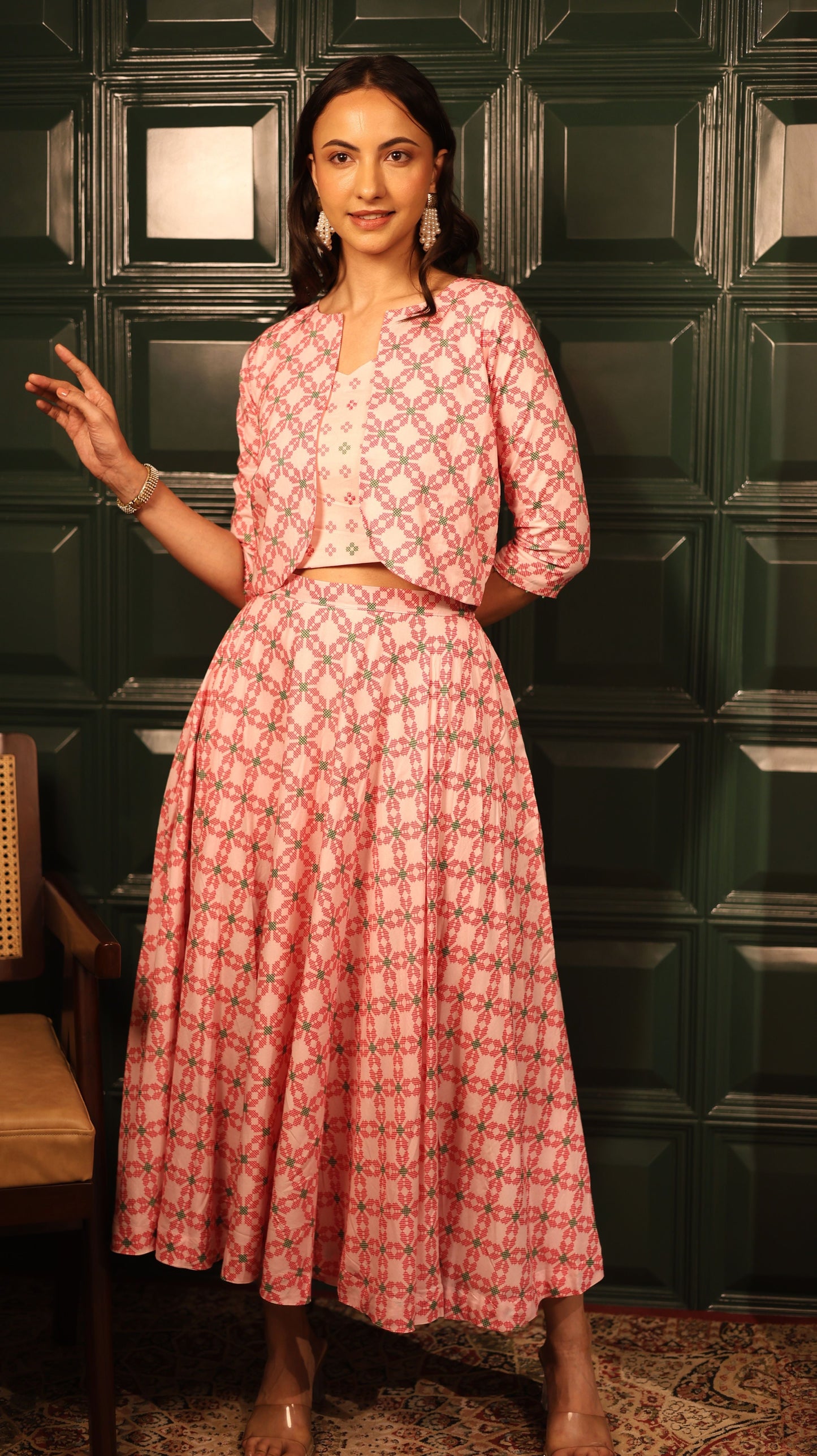 Aurora Blush Pink Skirt Set with Jacket (Set of 3)