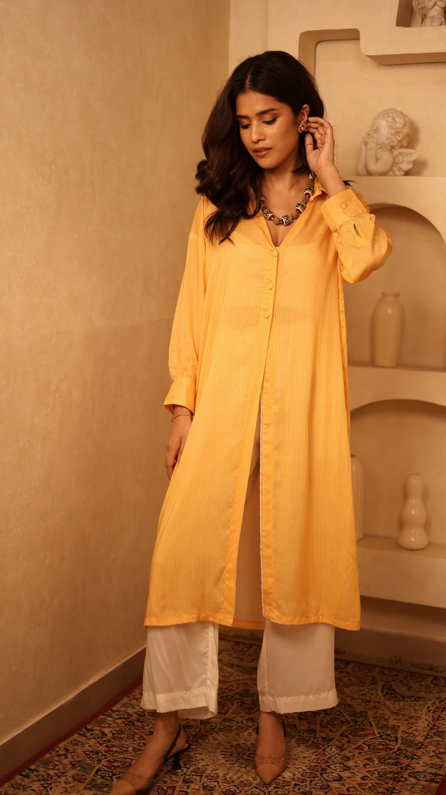 Amber Yellow Stripes & Ivory Coord Set