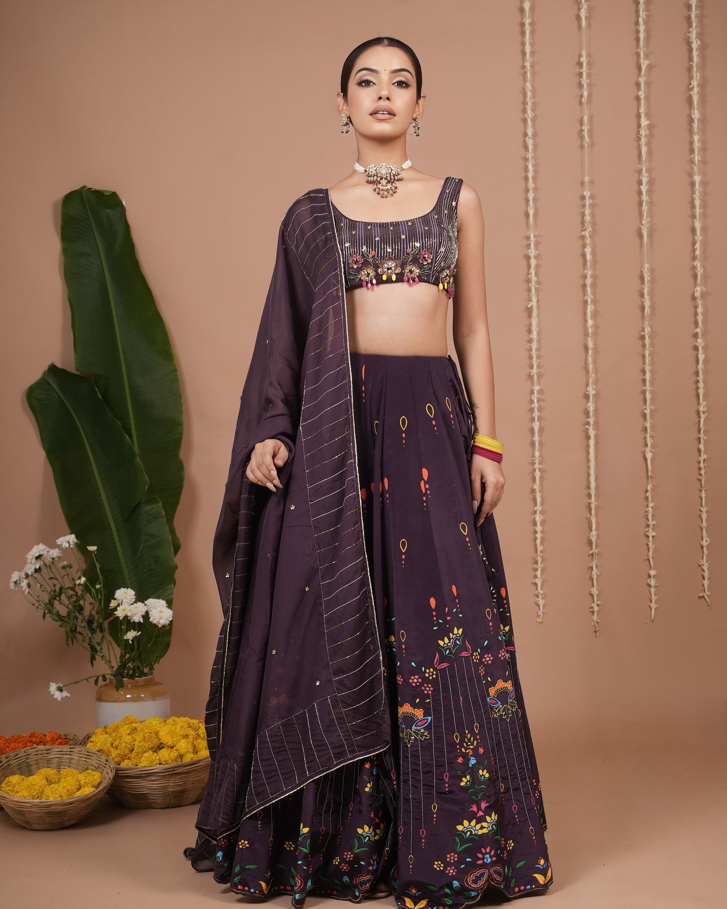 Dark Purple Printed Heavy Lehenga Set (Set of 3)