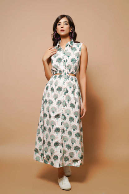 White cotton printed midi
