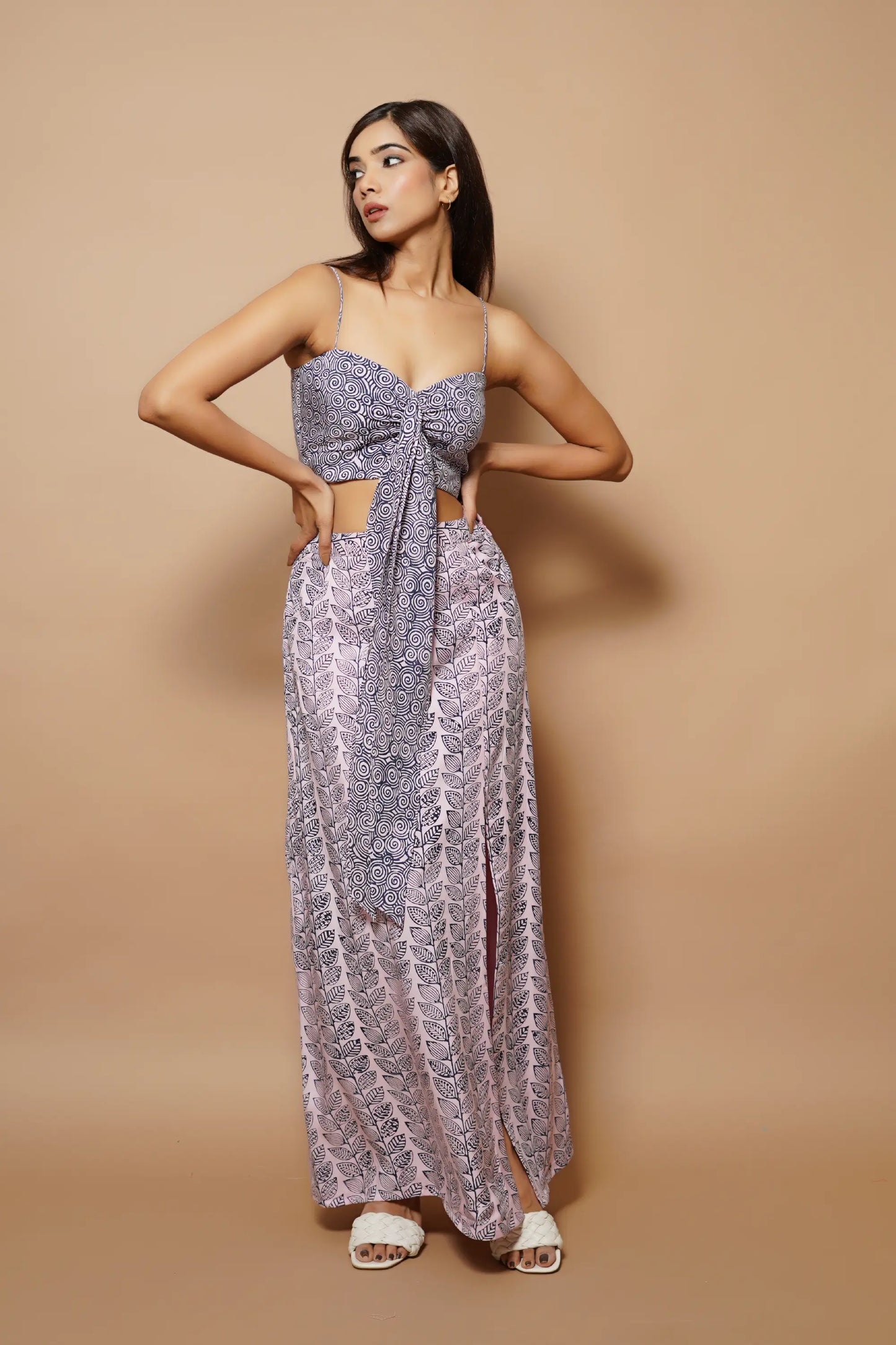 Pink and blue Block printed long skirt co-ord