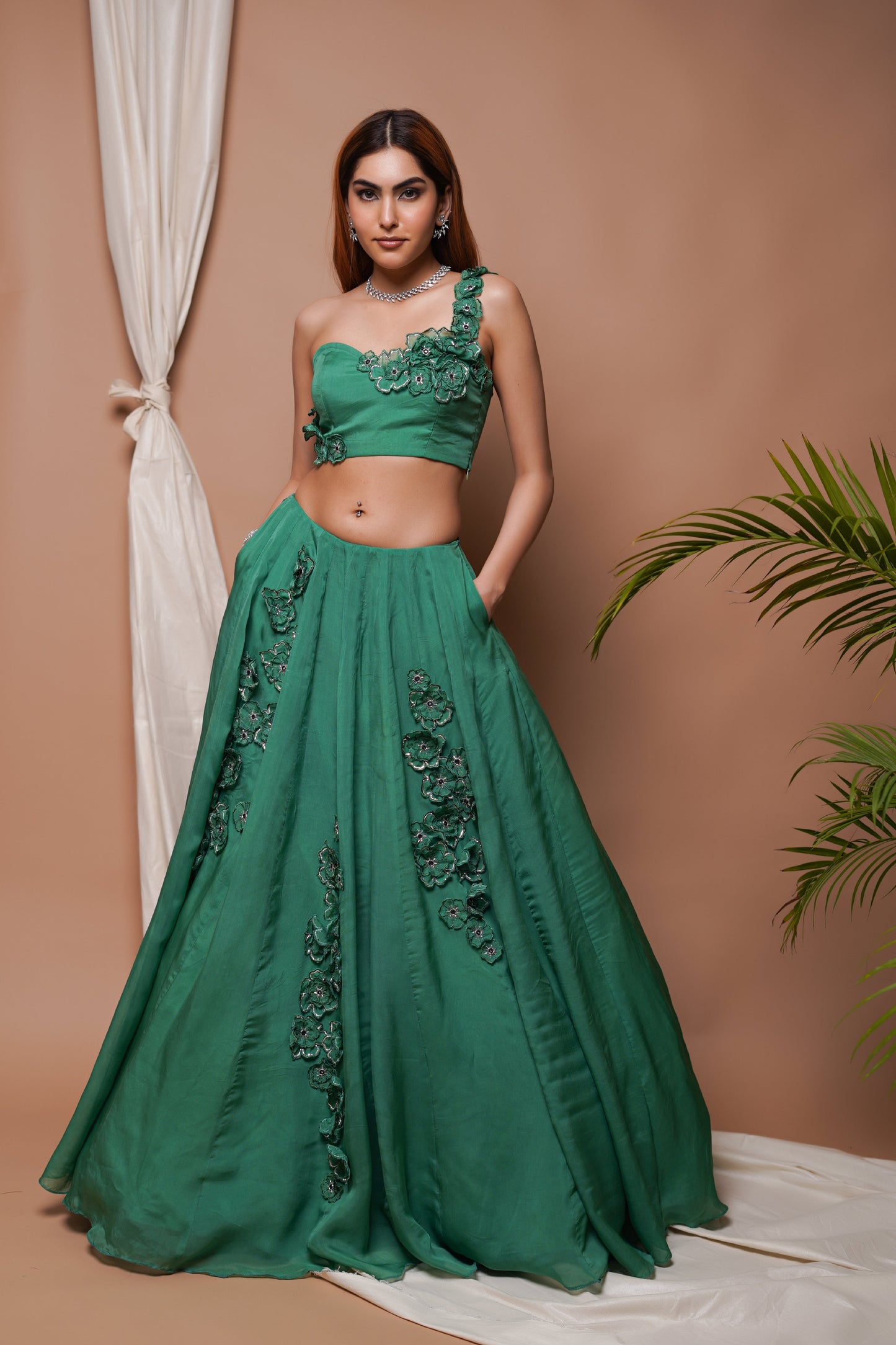 BRIGHT GREEN 3-D  ORGANZA INDO LEHENGA SET  (SET OF 2)