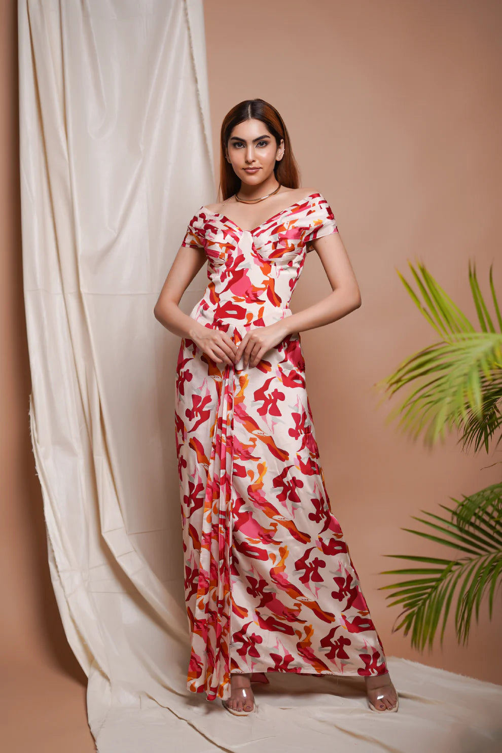 CREAM ABSTRACT OFF SHOULDER CORSET DRAPE DRESS