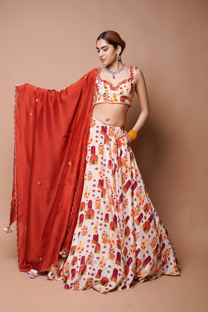 CREAM  DIGITAL PRINT LEHENGA SET (SET OF 3)