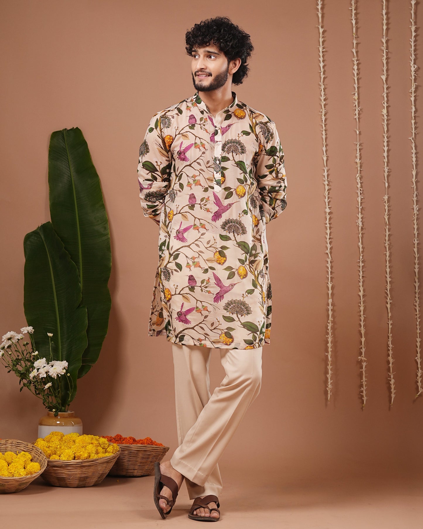 Cream Lemon Printed Organza Kurta + Pant Set (Set of 2)