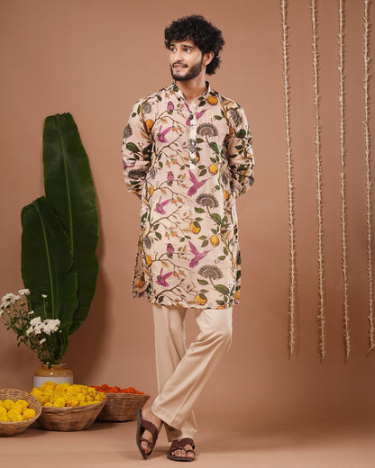 Cream Lemon Printed Organza Kurta + Pant Set (Set of 2)