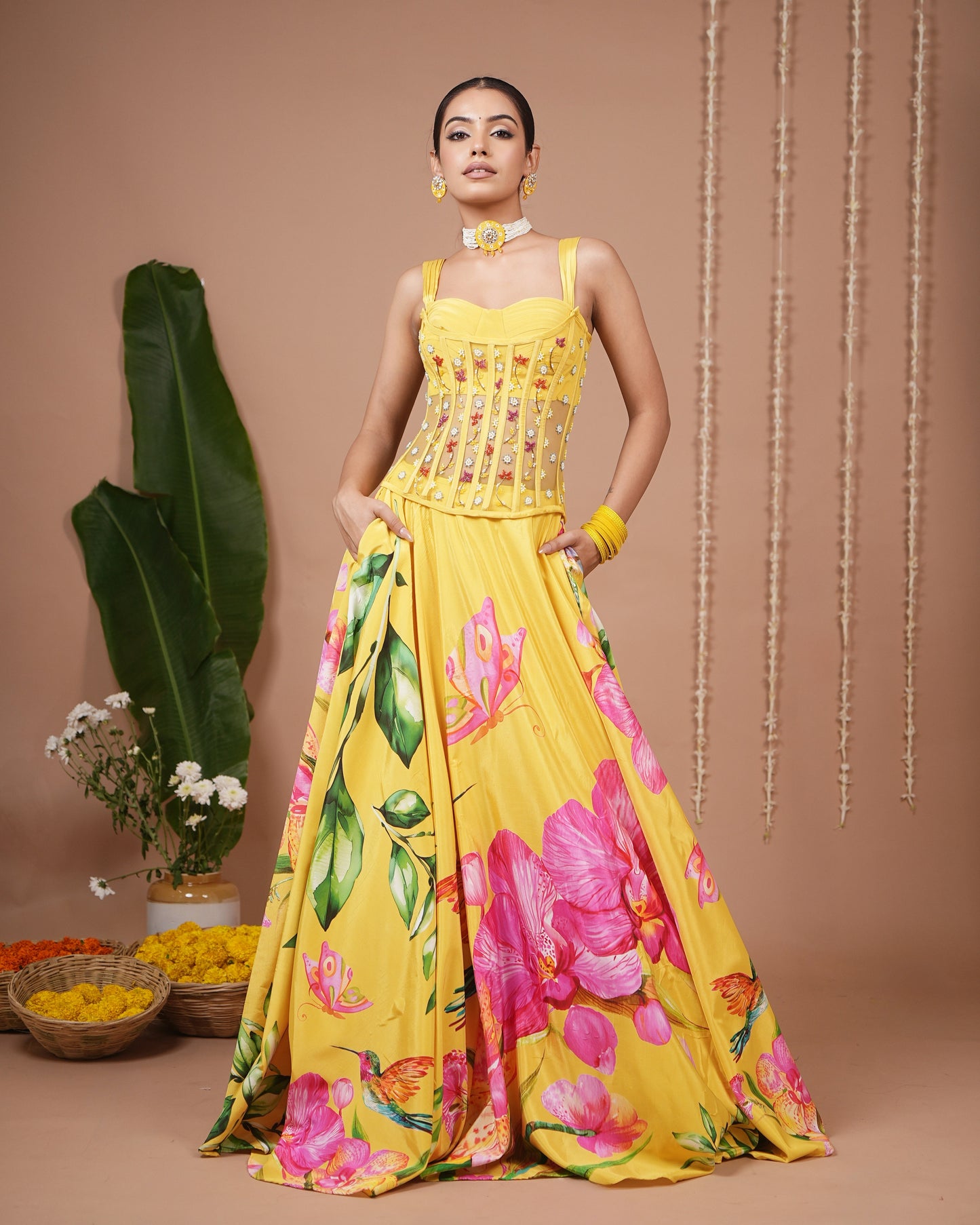 Mustard Floral Printed Corset Heavy Lehenga Set (Set of 3)