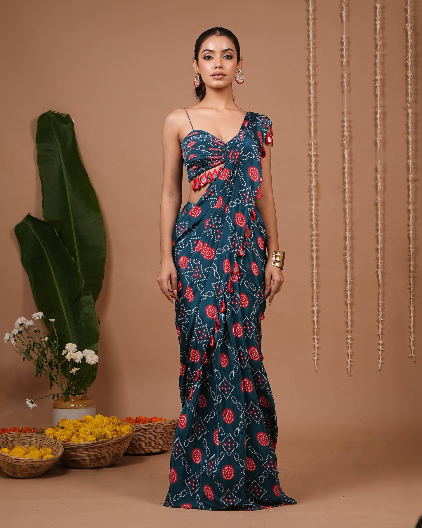 Teal Blue-Red Bandhej Printed Drape Saree (Set of 2)