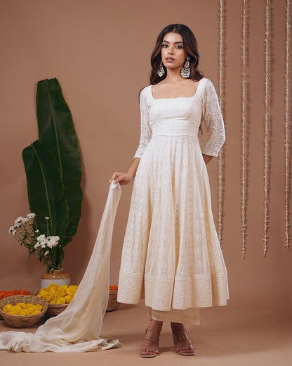  Ivory Chikankari Anarkali Suit Set (Set of 3)