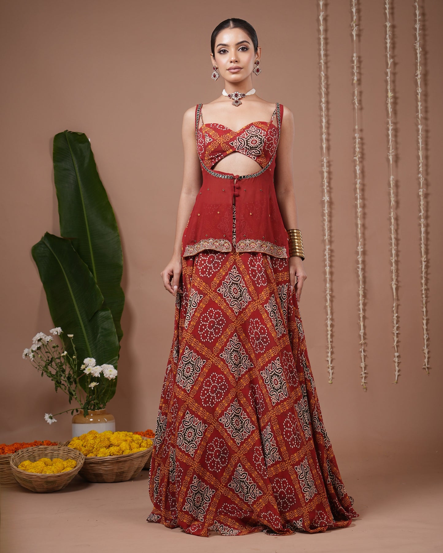 Red Bandhani Printed Lehenga Set (Set of 3)