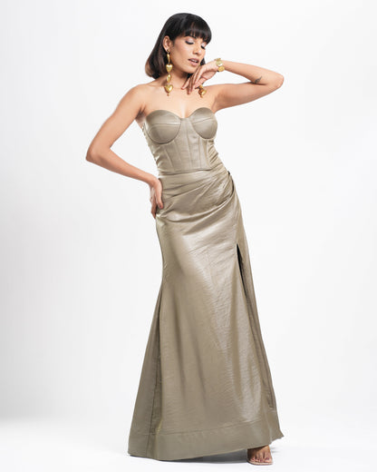 Clara - Ash Green Corset Drape Strapless Dress