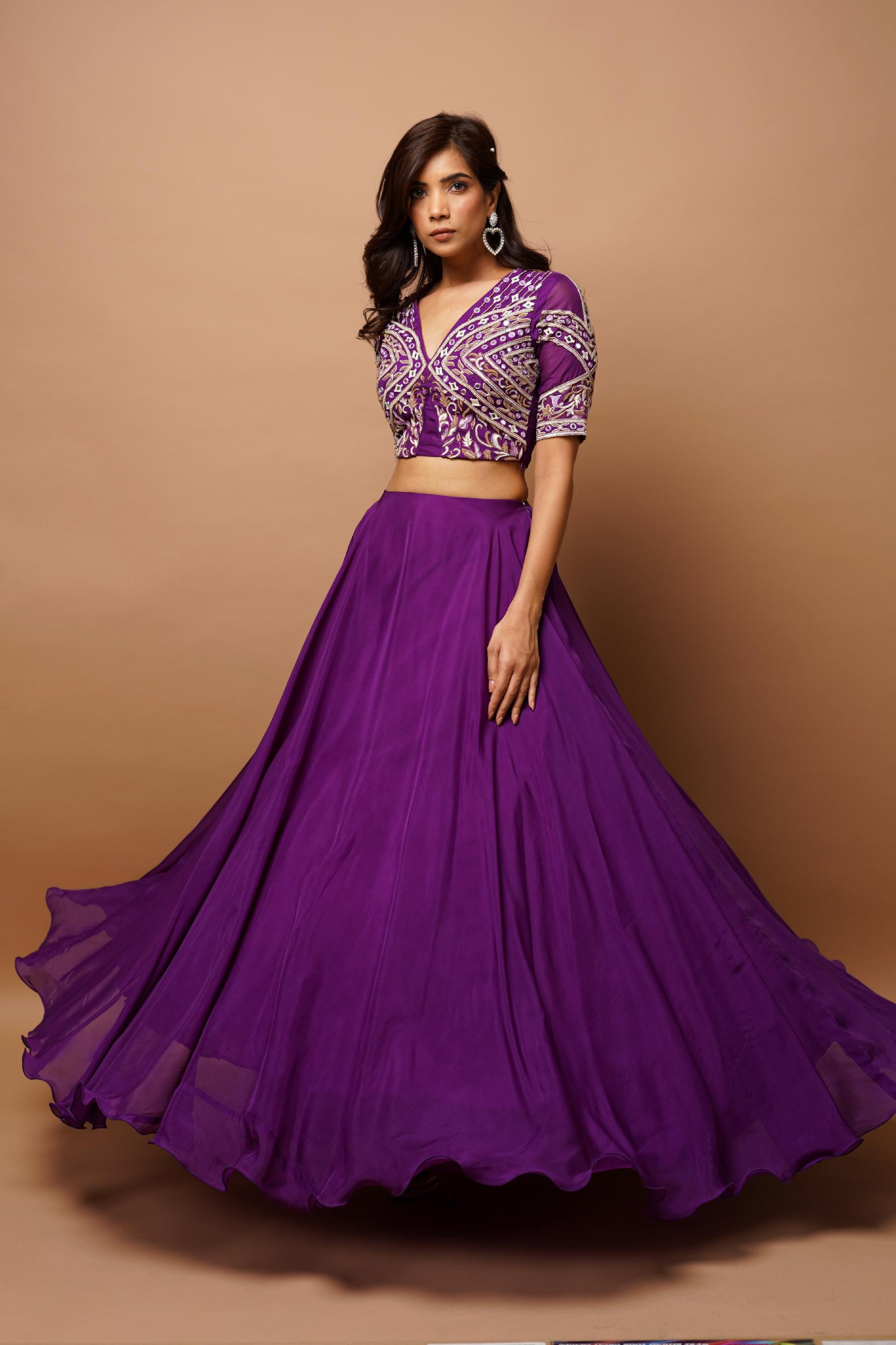 dark purple organza indo lehenga set Image2