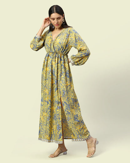 Yellow Vintage Printed Long Dress