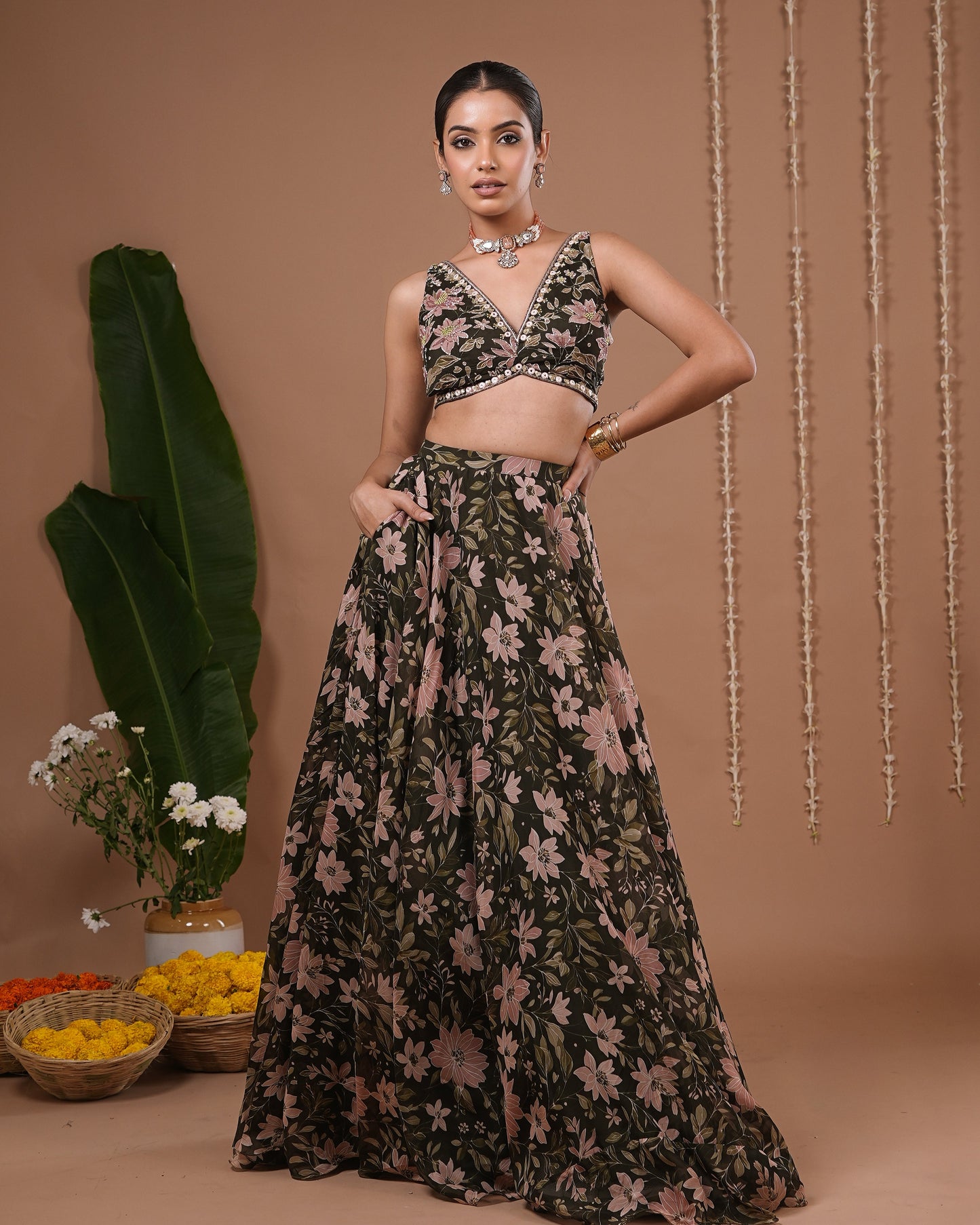 Olive Green Floral Printed Organza Lehenga Set (Set of 3)