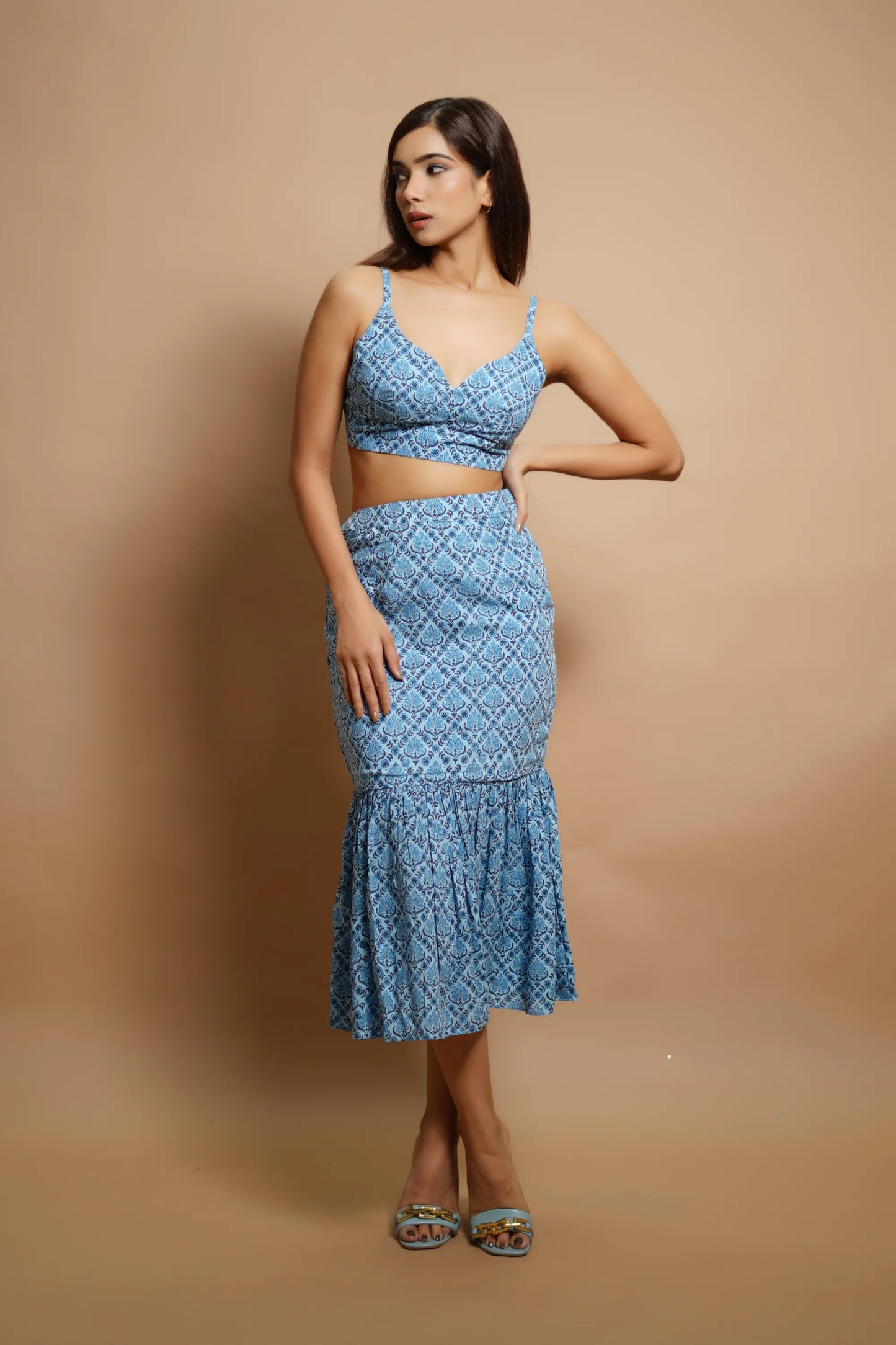 Blue block print fitted skirt co-ord