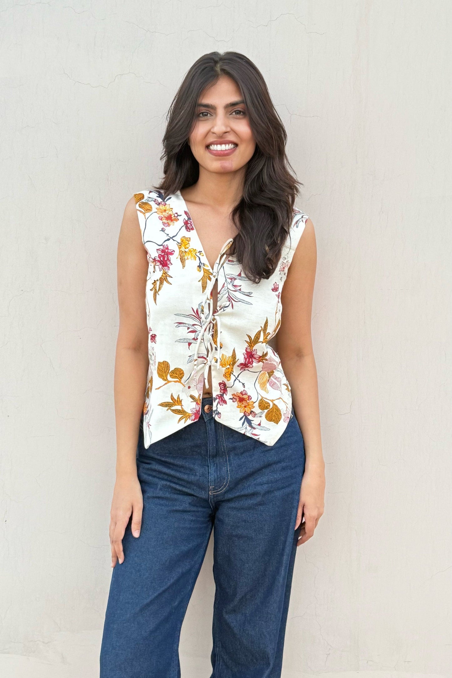 Floral Linen Tie-Up Top