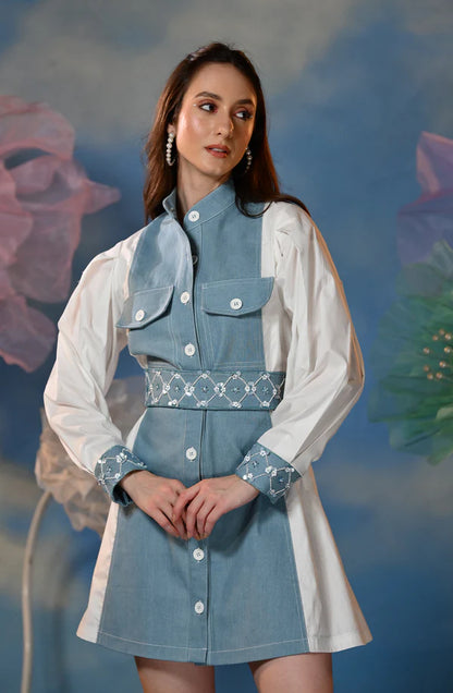 Blue & White Embroidered Shirt Dress