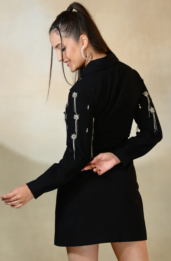 Black Denim Embroidered Dress