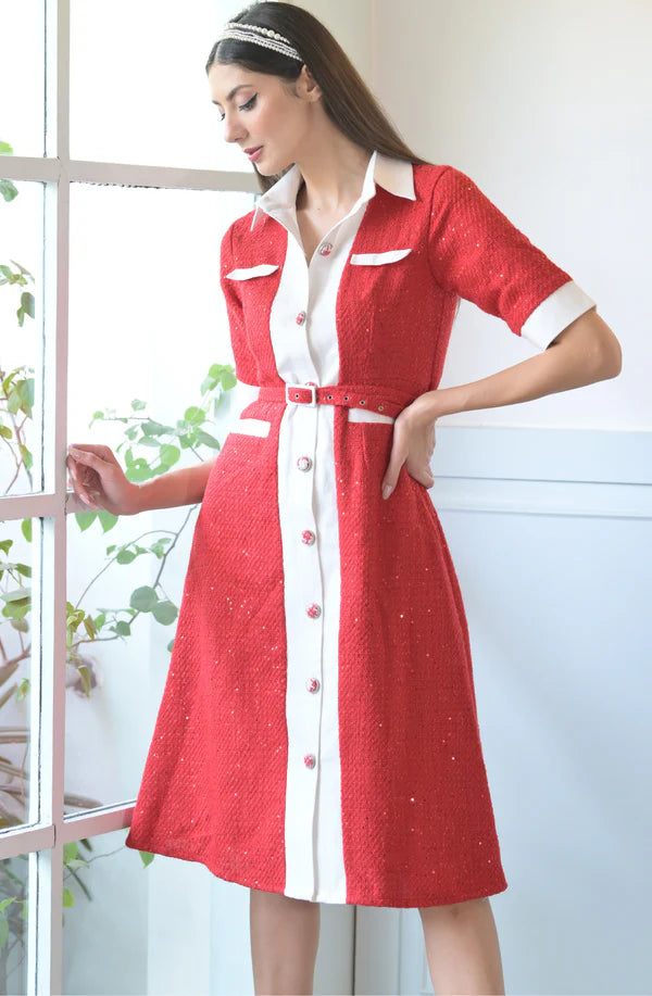 Red Tweed Shirt Dress