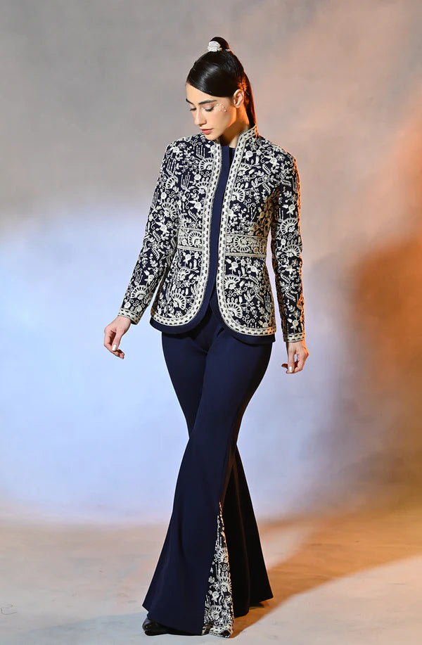 Blue Embroidered Peplum Jacket & Pant Set