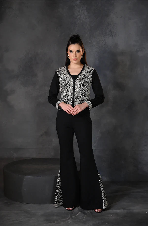 Black Embroidered Crop Jacket Set