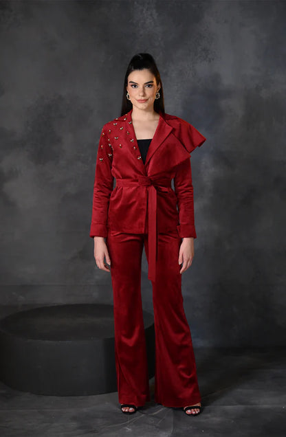 Red Velvet Embroidered Blazer Pant Set