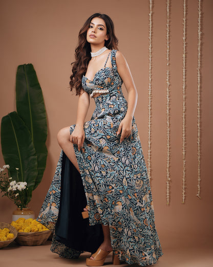 Navy Blue Digital Print Indo Dress (Set Of 2)