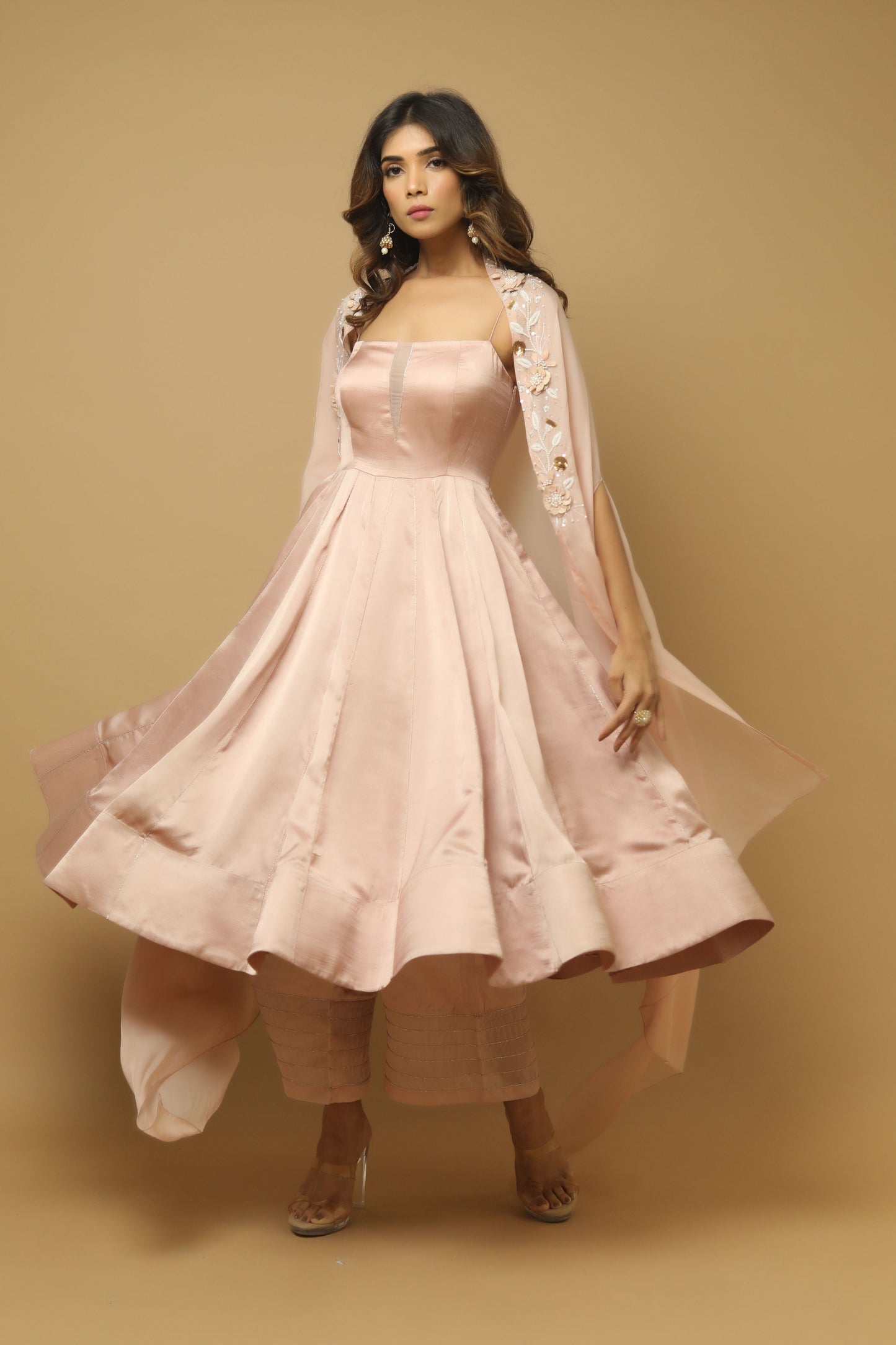 Rose Pink Kali Kurta Set  (Set Of 3)