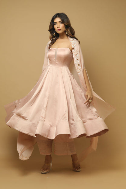 Rose Pink Kali Kurta Set  (Set Of 3)