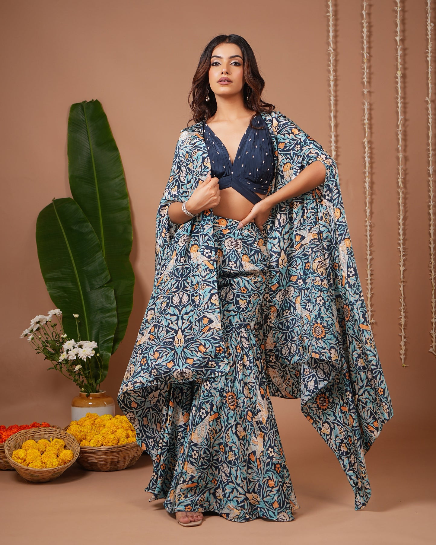 Navy Blue Digital Print Indo Sharara Set (Set of 3)