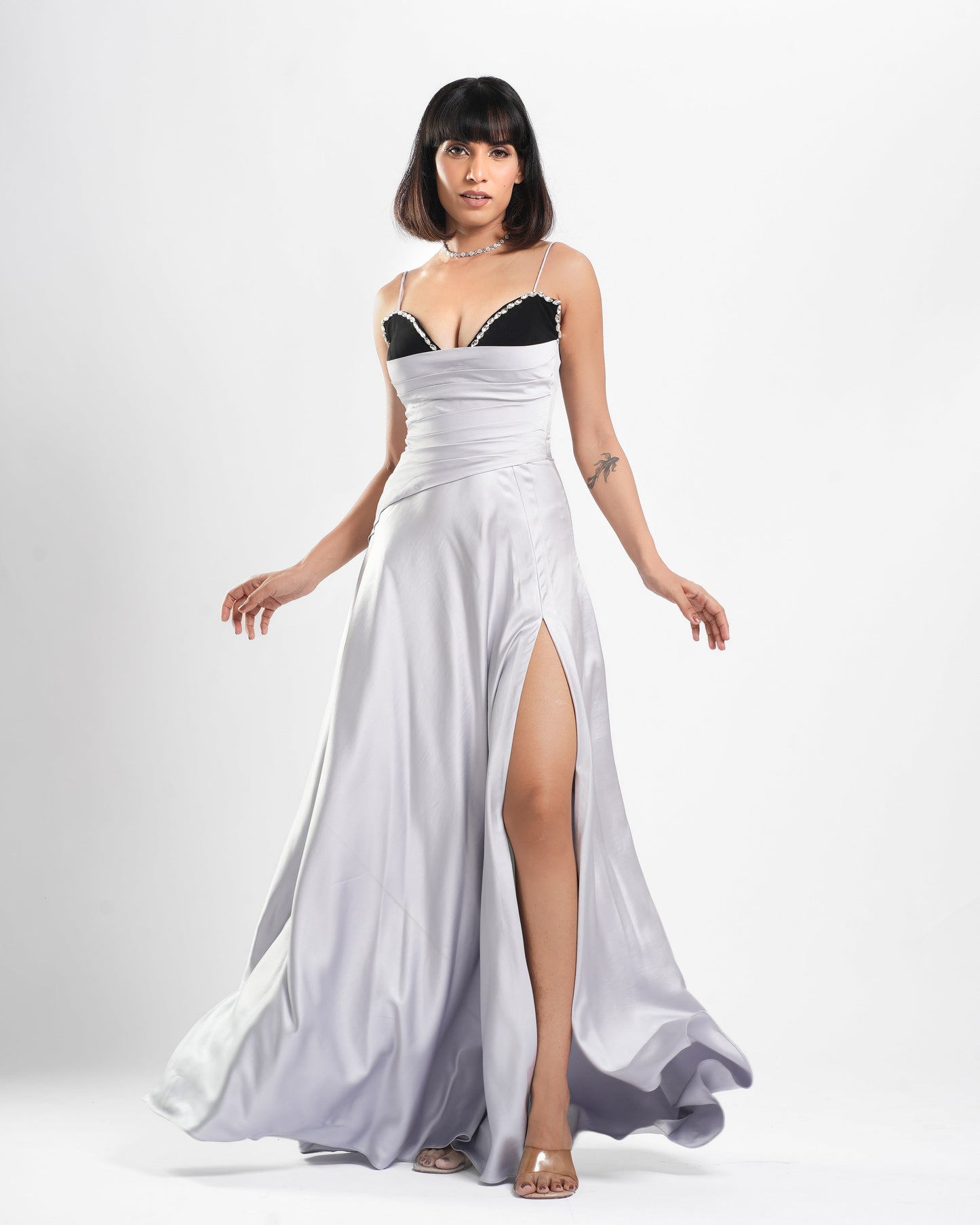 Vetra - Black and Silver Strappy Drape Long Dress