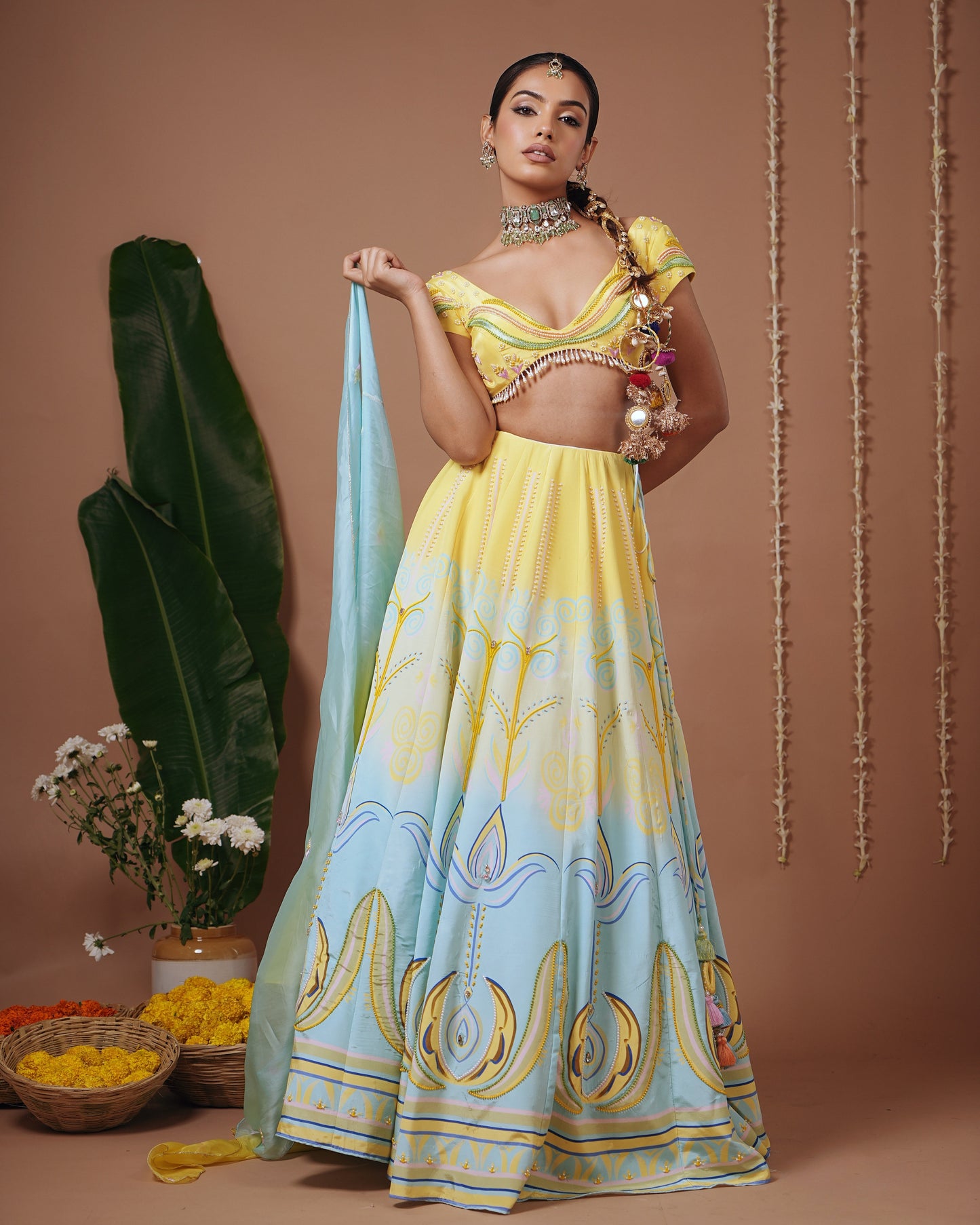 Yellow-Firozi Heavy Printed Lehenga Set (Set of 3)